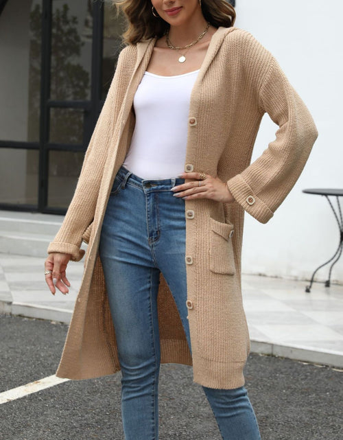 Load image into Gallery viewer, Pocketed Button Up Long Sleeve Hooded Cardigan
