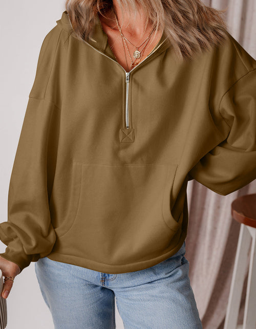 Load image into Gallery viewer, Pocketed Half Zip Dropped Shoulder Hoodie
