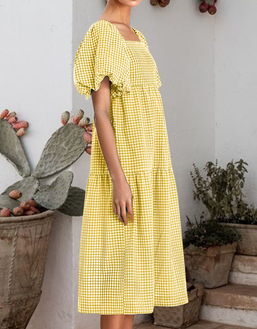 Load image into Gallery viewer, Plaid Square Neck Short Sleeve Dress
