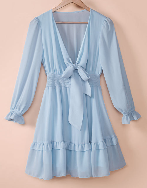 Load image into Gallery viewer, Tied Plunge Smocked Waist Flounce Sleeve Dress
