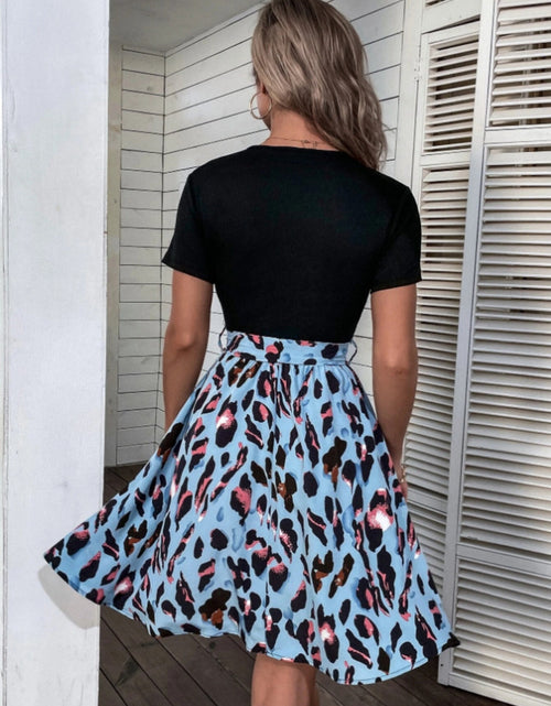 Load image into Gallery viewer, Tied Front Contrast Leopard Short Sleeve Mini Dress

