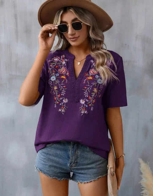 Load image into Gallery viewer, Embroidered Notched Short Sleeve T-Shirt

