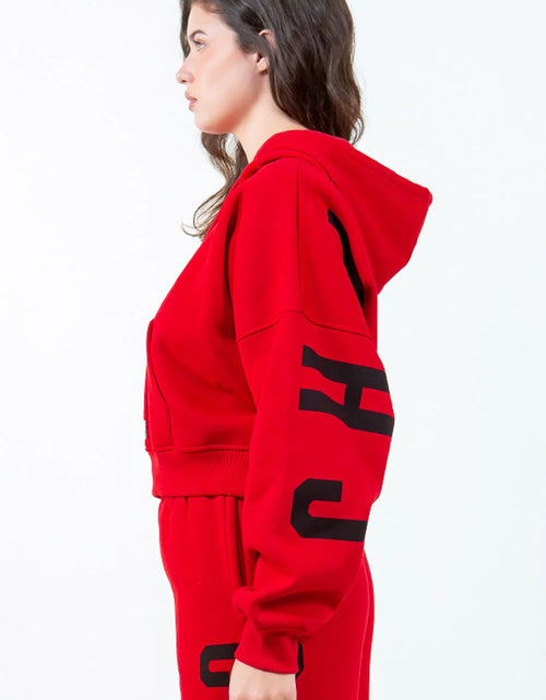 Load image into Gallery viewer, American Bazi Letter Graphic Long Sleeve Drawstring Cropped Hoodie
