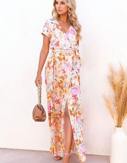 Load image into Gallery viewer, Printed Surplice Short Sleeve Tie Waist Maxi Dress
