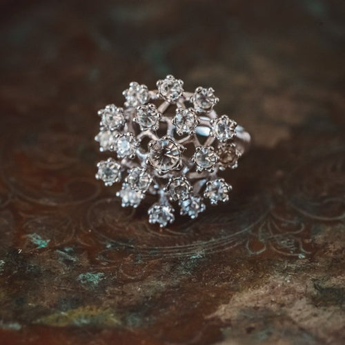 Load image into Gallery viewer, Vintage Ring Ruby Austrian Crystals and Pinfire Opals 18k White Gold Electroplate Made in the USA by PVD Vintage Jewelry
