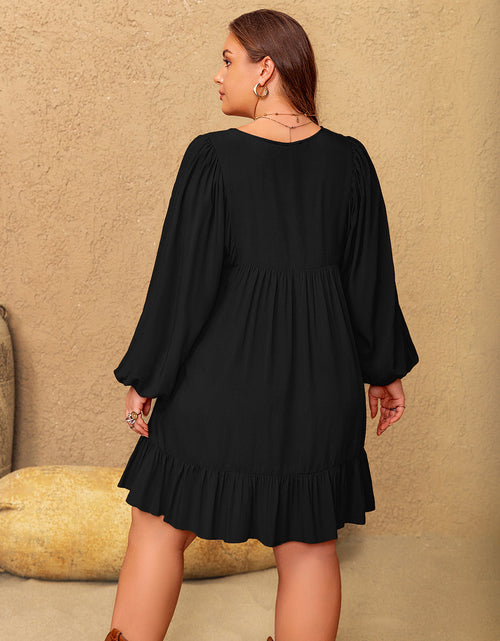 Load image into Gallery viewer, Plus Size Embroidered Tie Neck Long Sleeve Mini Dress
