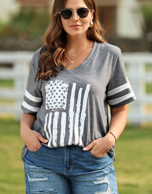 Load image into Gallery viewer, Plus Size US Flag Graphic V-Neck Tee

