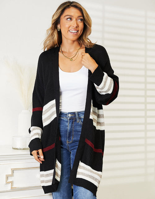 Load image into Gallery viewer, Perfee Striped Rib-Knit Drop Shoulder Open Front Cardigan
