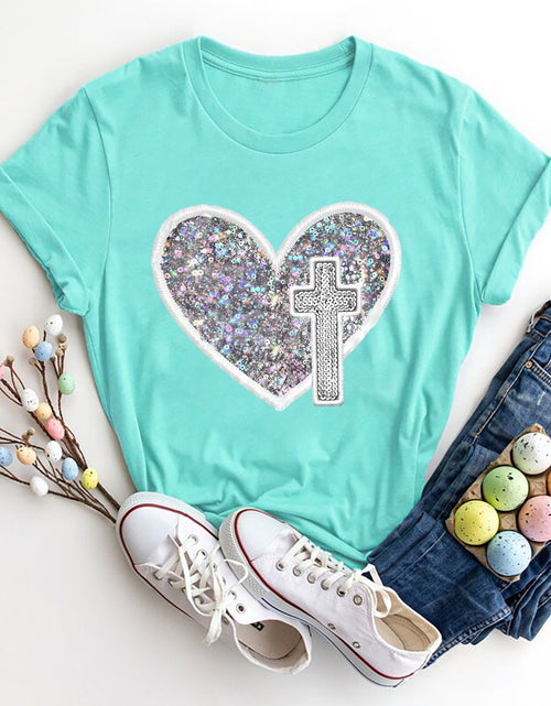 Load image into Gallery viewer, Graphic Heart Round Neck Short Sleeve T-Shirt
