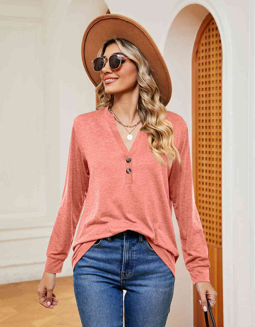 Load image into Gallery viewer, Buttoned Notched Neck Long Sleeve Top
