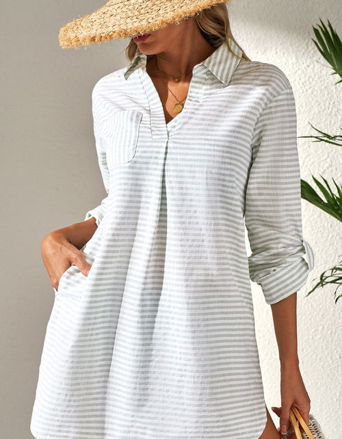 Load image into Gallery viewer, Striped Johnny Collar Long Sleeve Mini Shirt Dress
