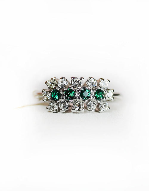 Load image into Gallery viewer, Vintage Ring Emerald or Sapphire and Clear Austrian Crystals 18k Gold Electroplated Cluster Made in USA by PVD Vintage Jewelry
