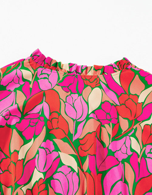 Load image into Gallery viewer, Frill Printed Notched Short Sleeve Midi Dress
