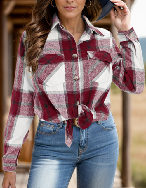 Load image into Gallery viewer, Full Size Pocketed Plaid Collared Neck Shacket
