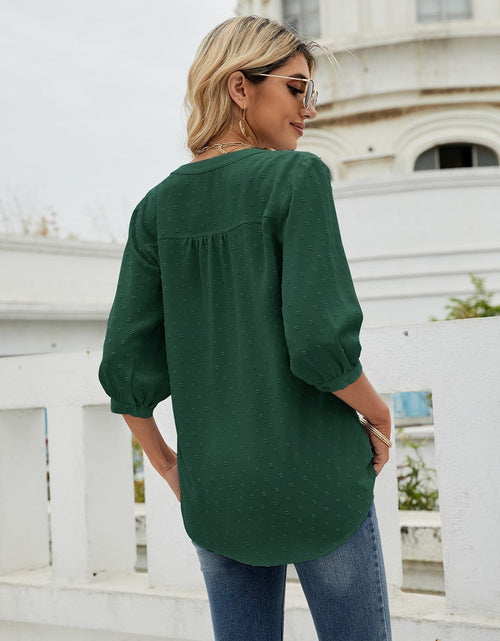 Load image into Gallery viewer, Swiss Dot Notched Neck Three-Quarter Sleeve Blouse
