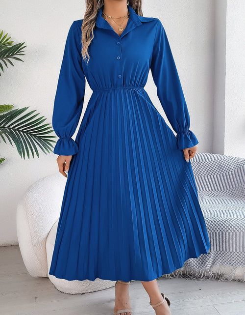 Load image into Gallery viewer, Pleated Half Button Long Sleeve Midi Dress
