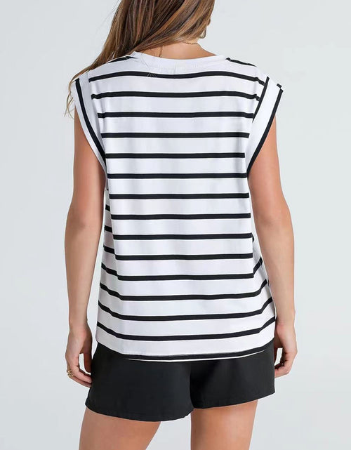 Load image into Gallery viewer, Striped Round Neck Cap Sleeve T-Shirt
