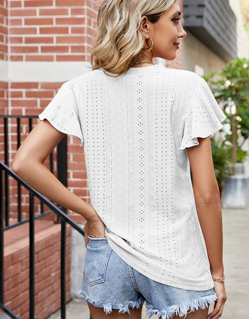 Load image into Gallery viewer, Eyelet V-Neck Flutter Sleeve T-Shirt
