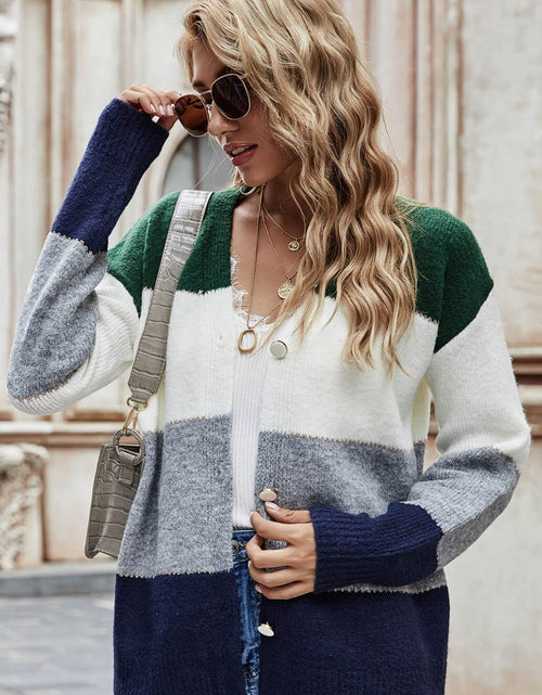 Load image into Gallery viewer, Woven Right Color Block V-Neck Button Down Cardigan
