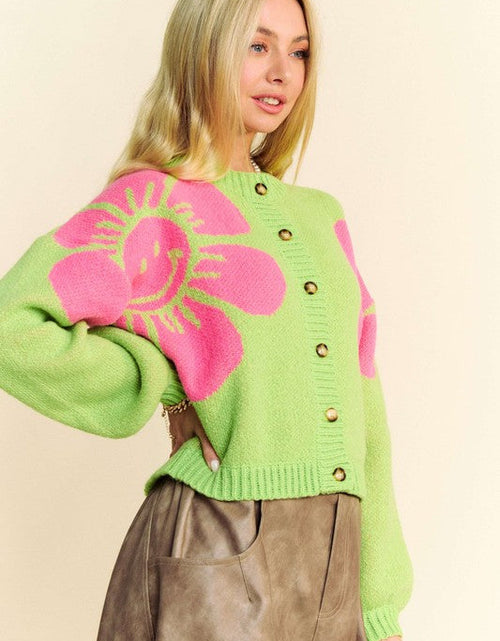 Load image into Gallery viewer, Davi &amp; Dani Flower Contrast Round Neck Long Sleeve Cardigan
