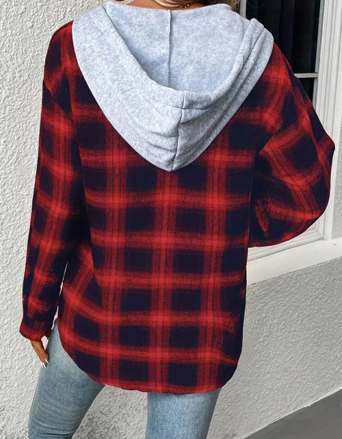 Load image into Gallery viewer, Plaid Drawstring Button Up Hooded Jacket
