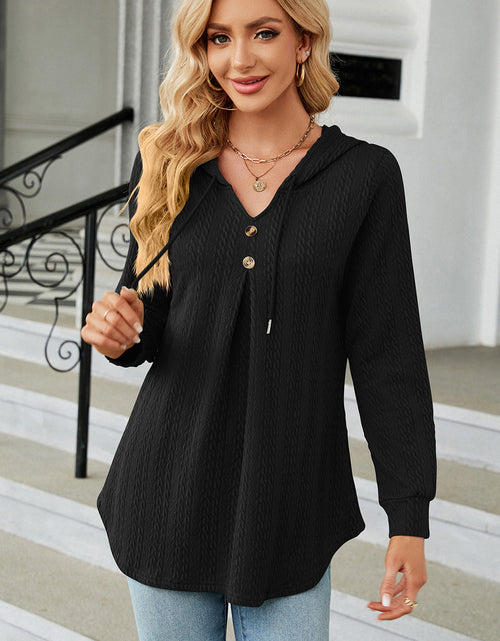 Load image into Gallery viewer, Decorative Button Drawstring Long Sleeve Hoodie
