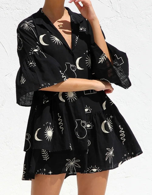 Load image into Gallery viewer, Ruched Printed Three-Quarter Sleeve Mini Dress
