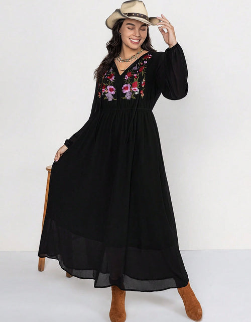 Load image into Gallery viewer, Plus Size Embroidered Tie Neck Long Sleeve Dress
