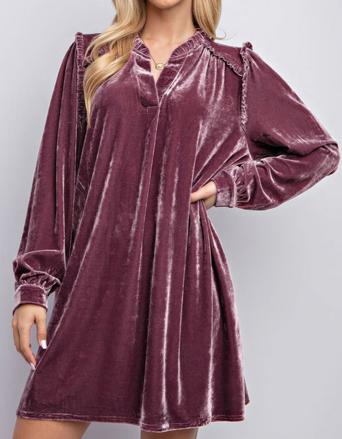 Load image into Gallery viewer, Frill Notched Long Sleeve Dress with Pockets
