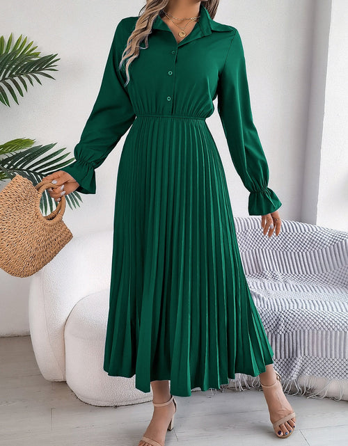 Load image into Gallery viewer, Pleated Half Button Long Sleeve Midi Dress
