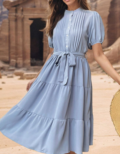 Load image into Gallery viewer, Perfee Tie Waist Puff Sleeve Midi Dress
