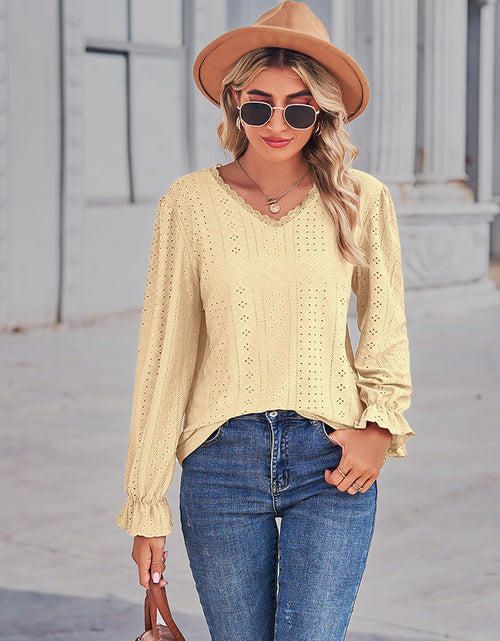 Load image into Gallery viewer, Eyelet V-Neck Flounce Sleeve Blouse
