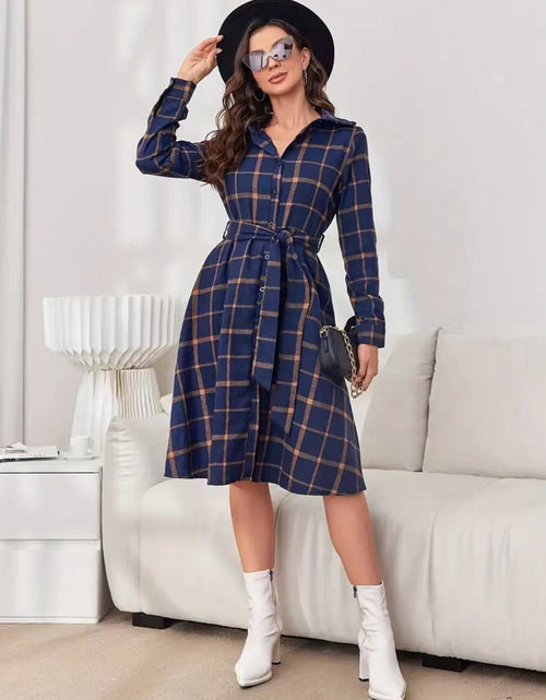 Load image into Gallery viewer, Plaid Tie Waist Long Sleeve Dress
