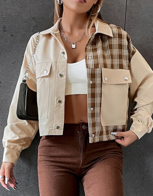 Load image into Gallery viewer, Snap Down Color Block Plaid Jacket

