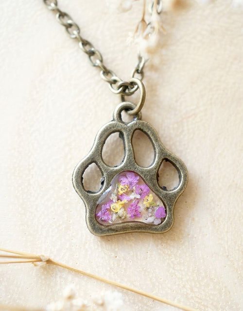 Load image into Gallery viewer, Real Dried Flowers in Resin Necklace, Dog Paw in Pink Yellow White by Furr Baby Gifts
