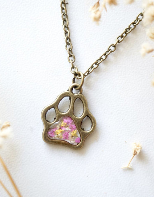 Load image into Gallery viewer, Real Dried Flowers in Resin Necklace, Dog Paw in Pink Yellow White by Furr Baby Gifts
