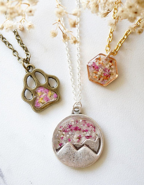 Load image into Gallery viewer, Real Dried Flowers in Resin Necklace, Dog Paw in Pink Yellow White by Furr Baby Gifts
