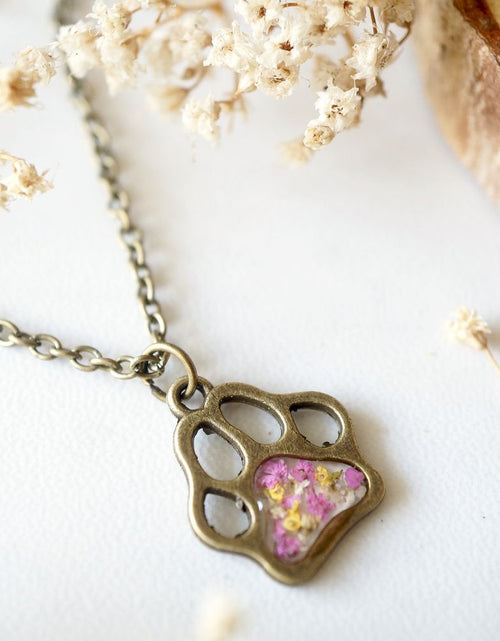 Load image into Gallery viewer, Real Dried Flowers in Resin Necklace, Dog Paw in Pink Yellow White by Furr Baby Gifts
