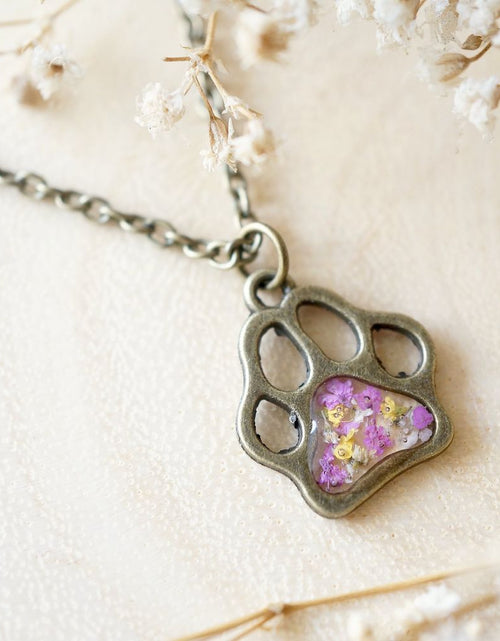 Load image into Gallery viewer, Real Dried Flowers in Resin Necklace, Dog Paw in Pink Yellow White by Furr Baby Gifts
