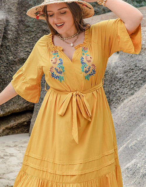 Load image into Gallery viewer, Plus Size Notched Tie Waist Half Sleeve Midi Dress

