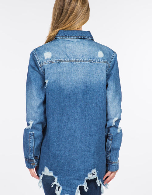 Load image into Gallery viewer, American Bazi Distressed Frayed Hem Denim Jacket
