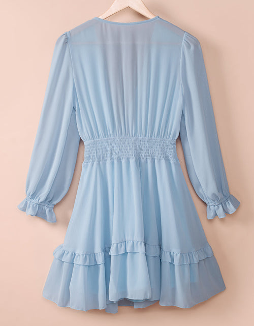 Load image into Gallery viewer, Tied Plunge Smocked Waist Flounce Sleeve Dress
