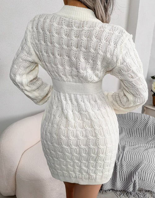 Load image into Gallery viewer, Cable-Knit Round Neck Mini Wrap Sweater Dress
