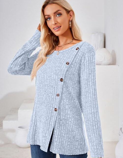 Load image into Gallery viewer, Ribbed Buttoned Round Neck Slit T-Shirt
