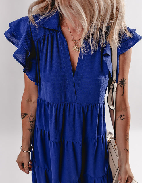 Load image into Gallery viewer, Ruffled Short Sleeve Collared V Neck Tiered Midi Dress
