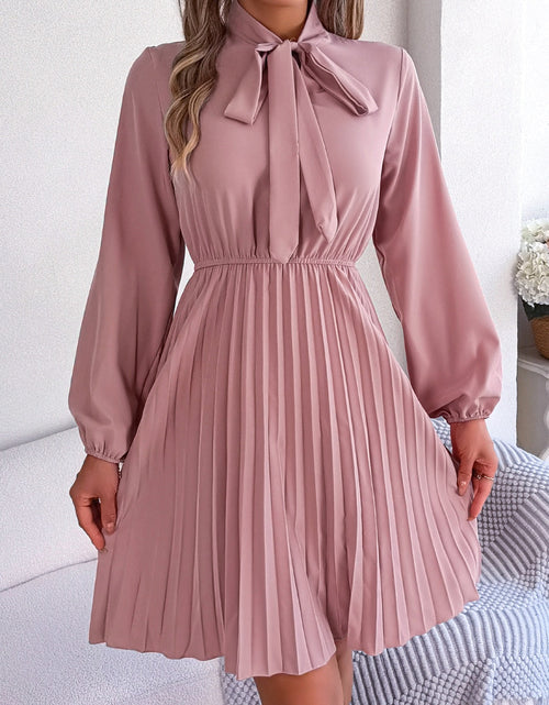 Load image into Gallery viewer, Tie Neck Balloon Sleeve Pleated Dress
