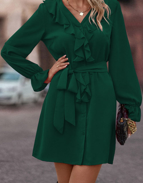 Load image into Gallery viewer, Ruffled Flounce Sleeve V-Neck Belted Dress by Blak Wardrob
