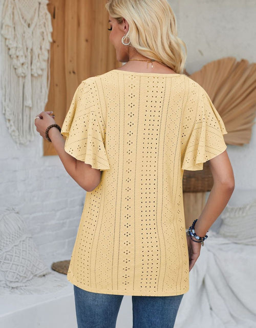 Load image into Gallery viewer, Eyelet Applique V-Neck Cap Sleeve T-Shirt

