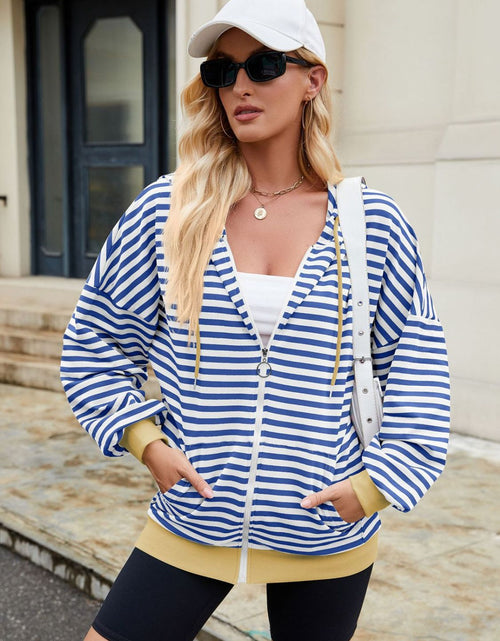 Load image into Gallery viewer, Drawstring Striped Zip Up Long Sleeve Hoodie
