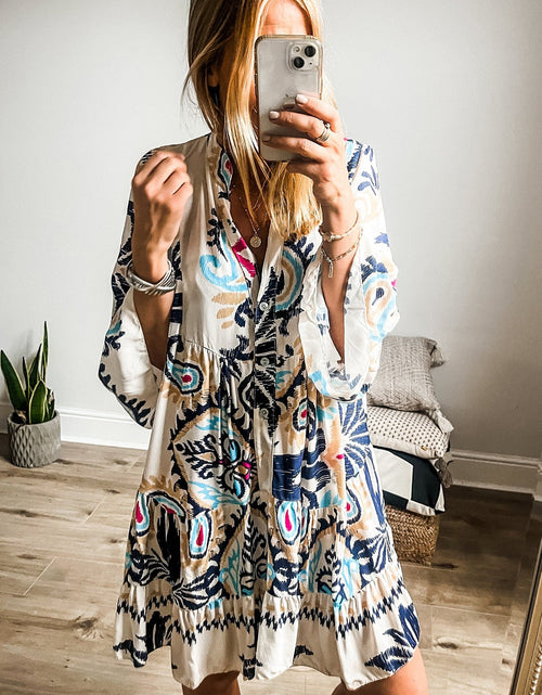 Load image into Gallery viewer, Printed Notched Three-Quarter Sleeve Mini Dress
